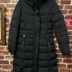 Zara Basic Black Quilted Down Parka Jacket with Faux Fur Collar - Medium